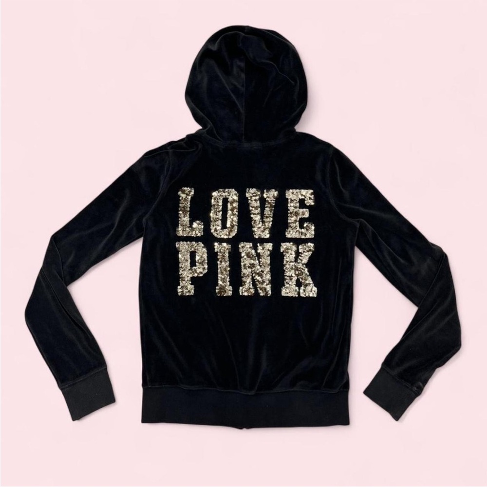 SOLD- Y2K Black Victoria’s Secret PINK Velvet Zip Up Hoodie Gold Glitter Logo